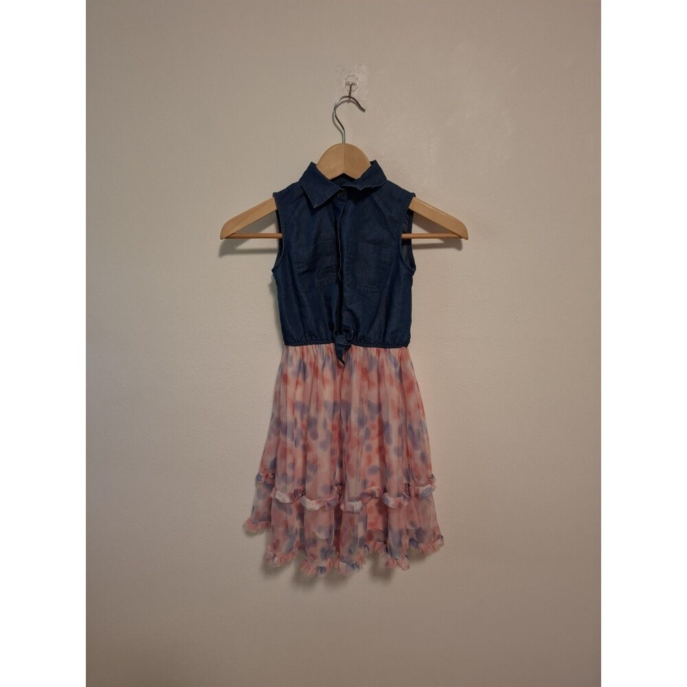 Star Ride Girls Denim Chambray Chiffon Dress Size M 8/10 Tie Front Ruffle Layer